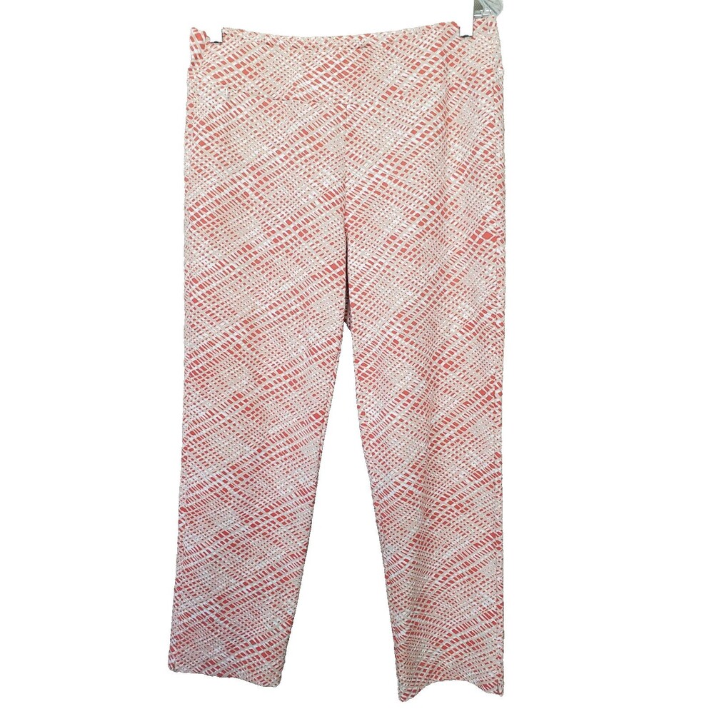 J McLaughlin Catalina Cloth Coral/Cream Crosshatch Print Pull-On Pants Large